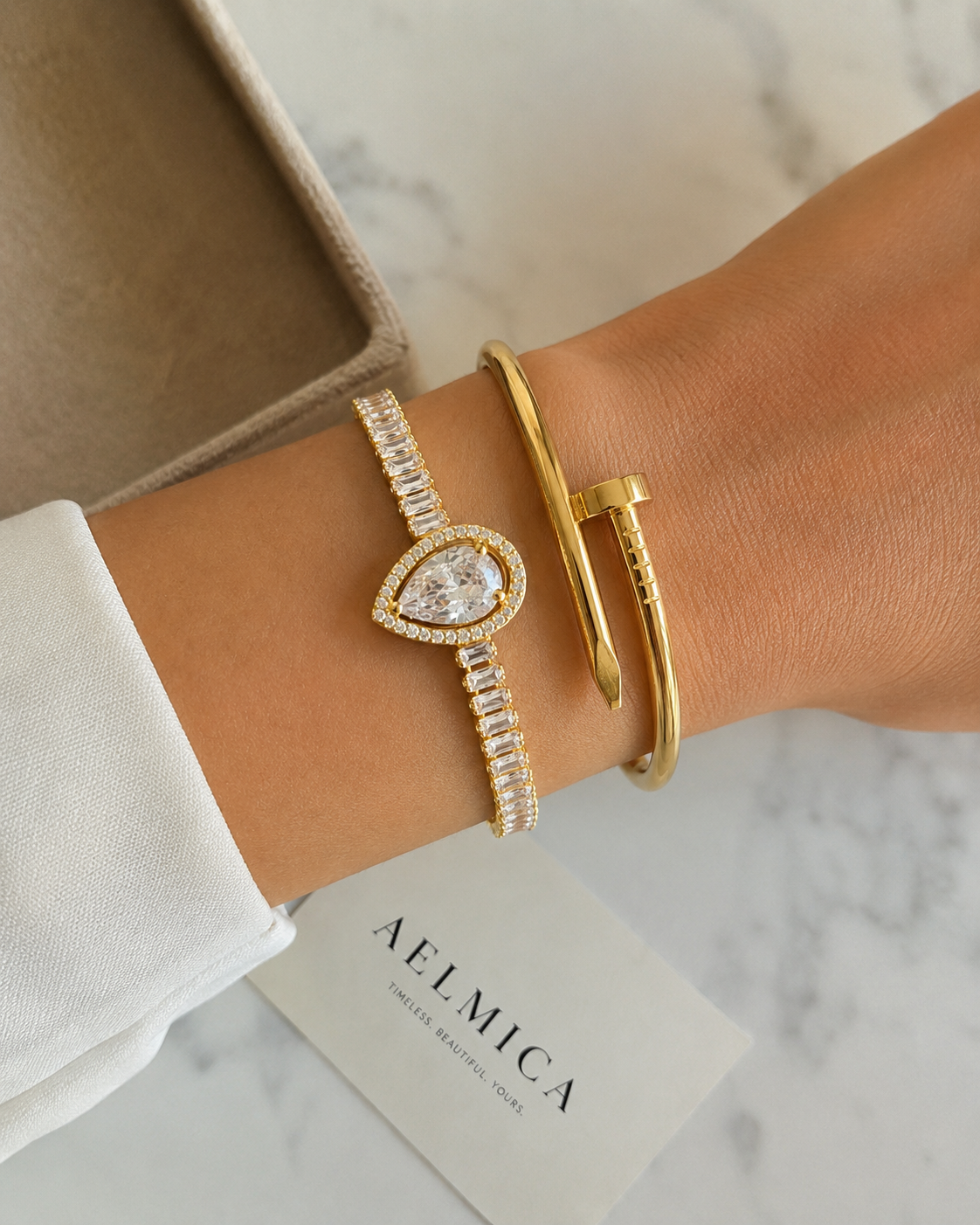 Stainless Steel Tennis Pear Cut CZ Bangles Set