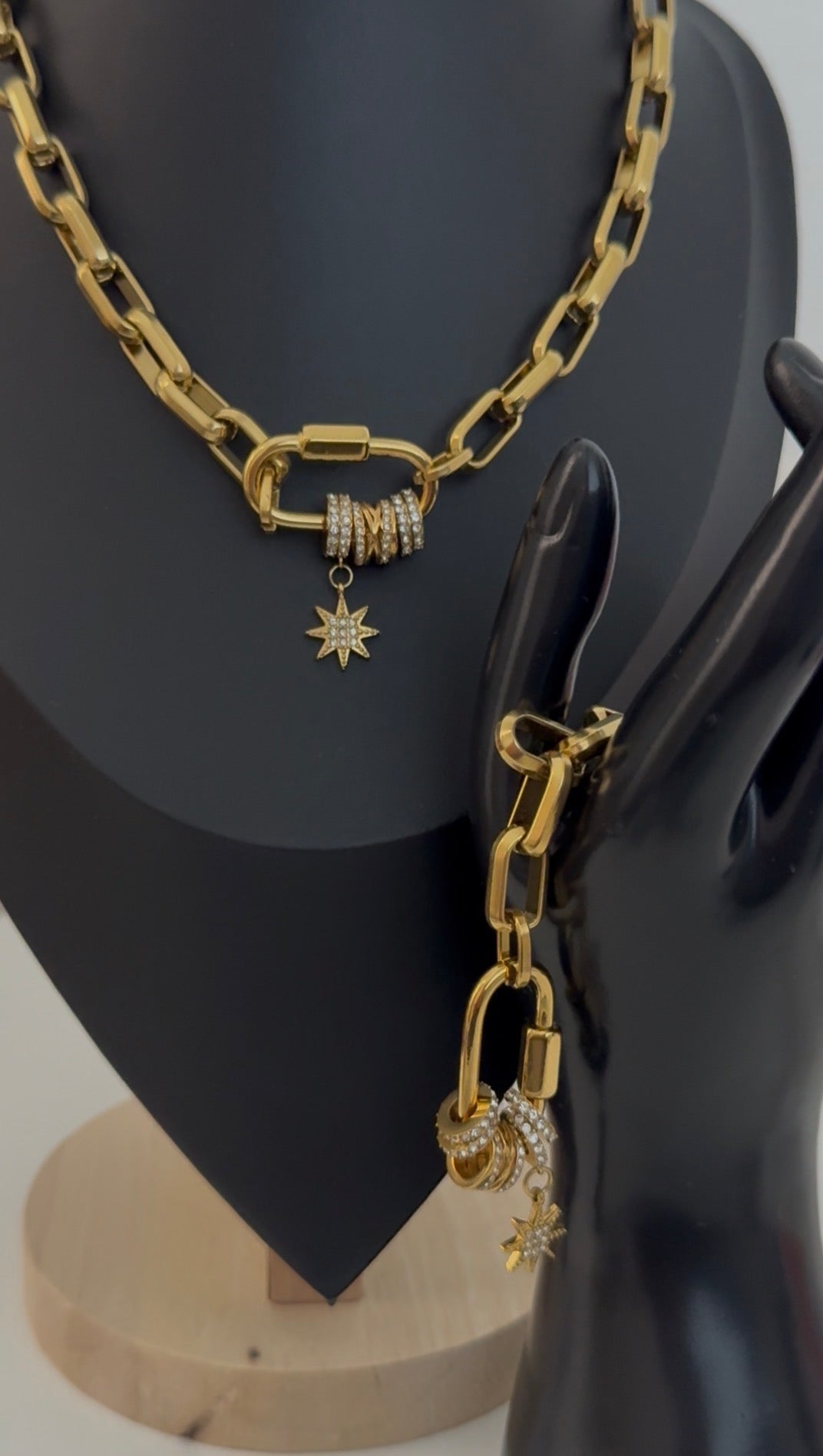 Star Charm Paperclip Necklace Bracelet Set – 18K Gold Plated Stainless Steel with Zircon