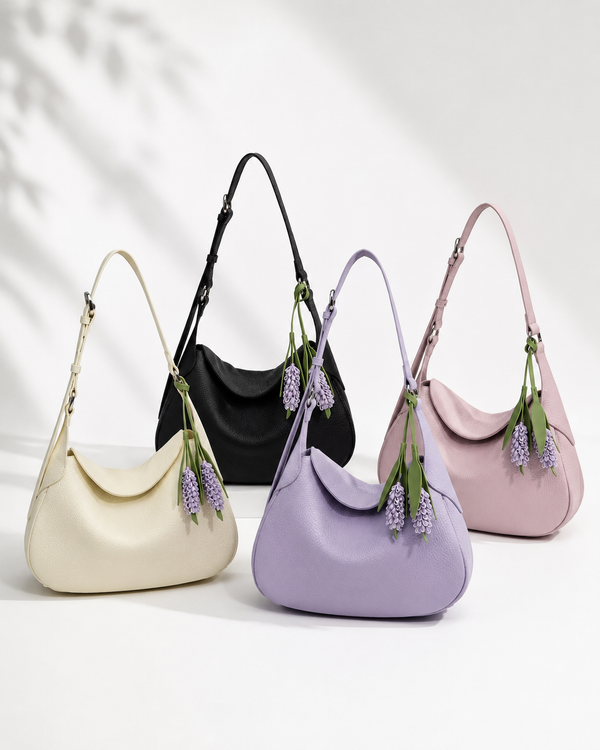 Genuine Leather Shoulder Hobo Bag with Floral Charm