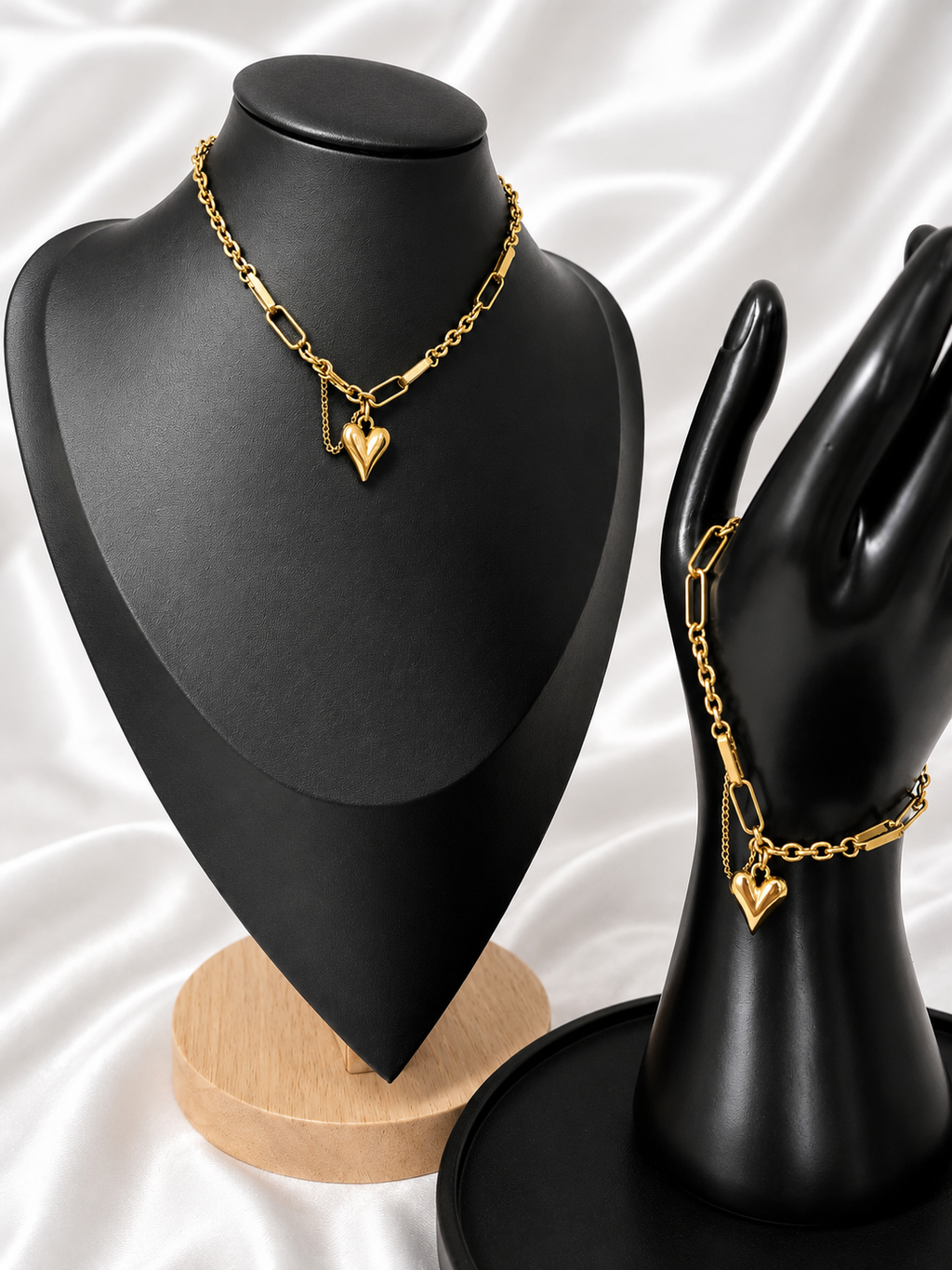 18K Gold PVD Stainless Steel Heart Charm Necklace & Bracelet Set