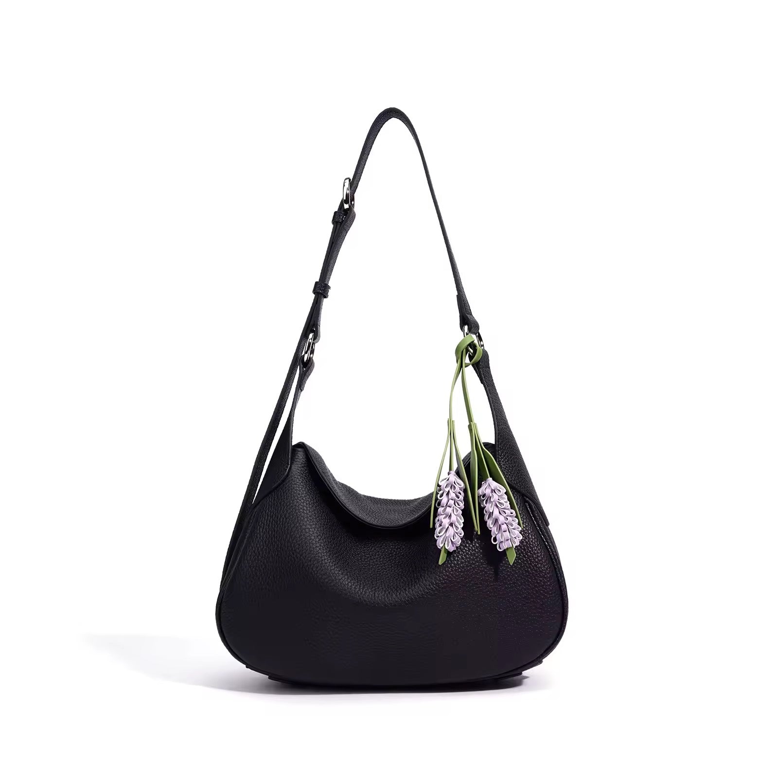 Genuine Leather Shoulder Hobo Bag with Floral Charm