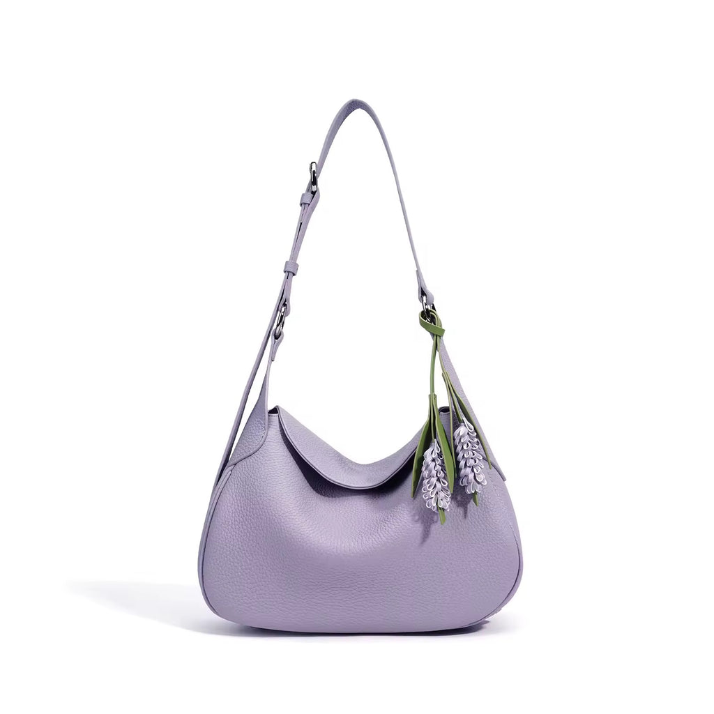 Genuine Leather Shoulder Hobo Bag with Floral Charm