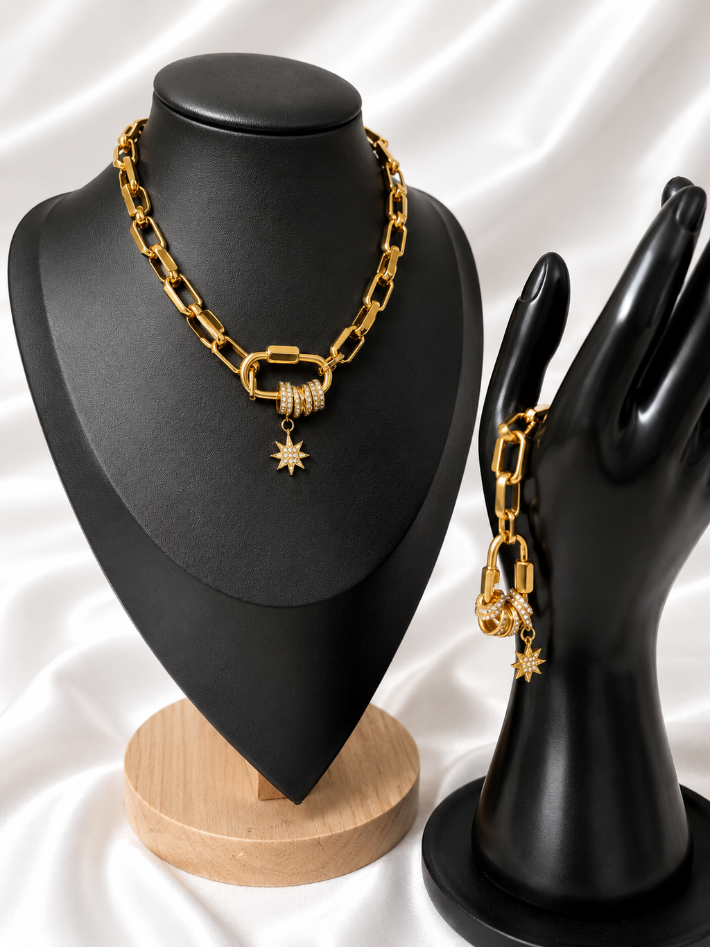 Star Charm Paperclip Necklace Bracelet Set – 18K Gold Plated Stainless Steel with Zircon