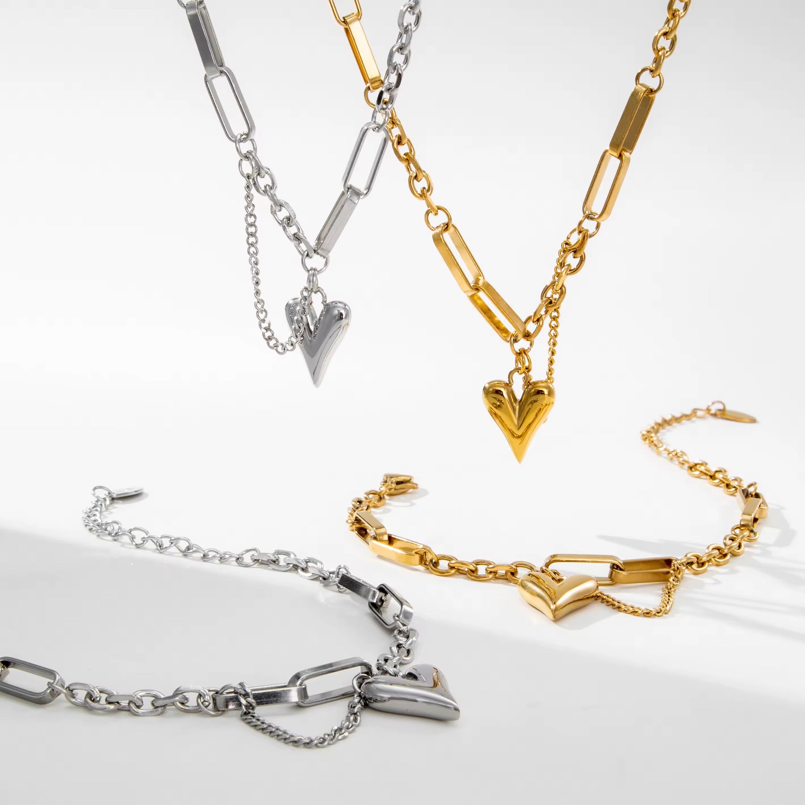 18K Gold PVD Stainless Steel Heart Charm Necklace & Bracelet Set