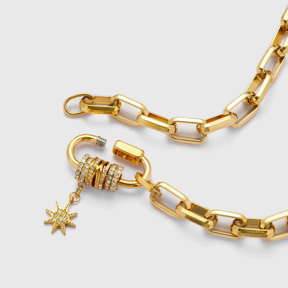 Star Charm Paperclip Necklace Bracelet Set – 18K Gold Plated Stainless Steel with Zircon