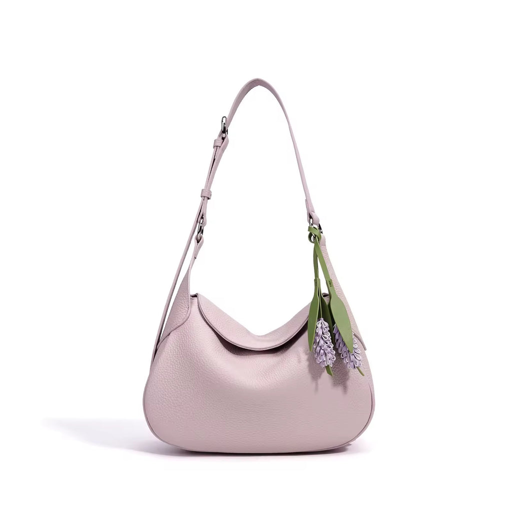 Genuine Leather Shoulder Hobo Bag with Floral Charm