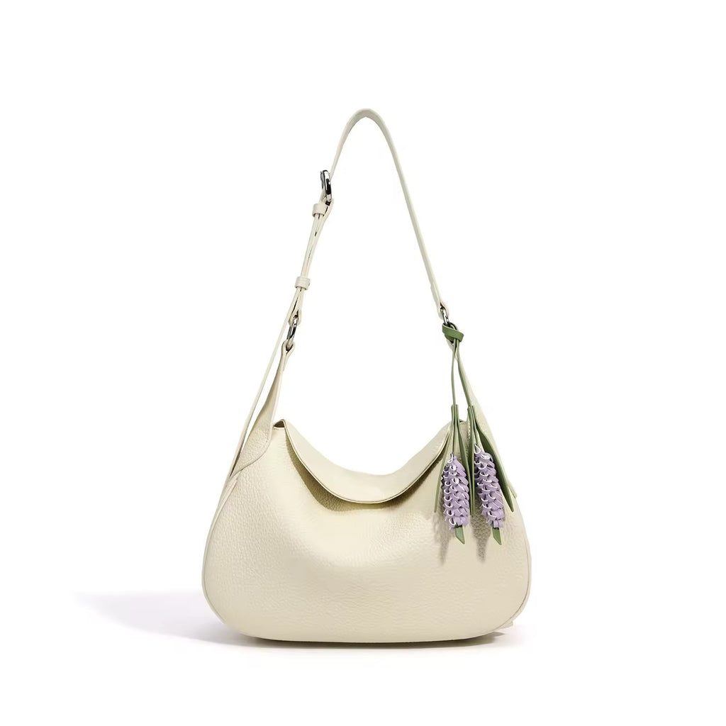 Genuine Leather Shoulder Hobo Bag with Floral Charm