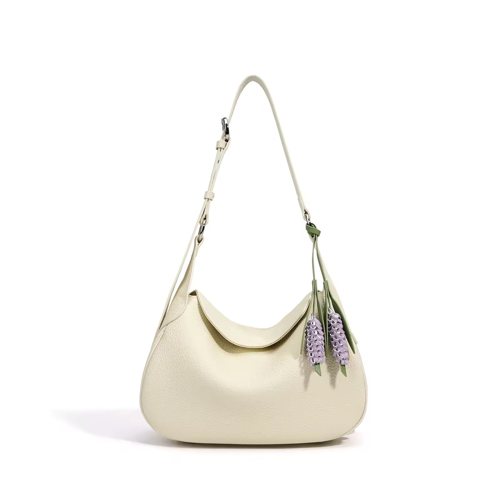 Genuine Leather Shoulder Hobo Bag with Floral Charm