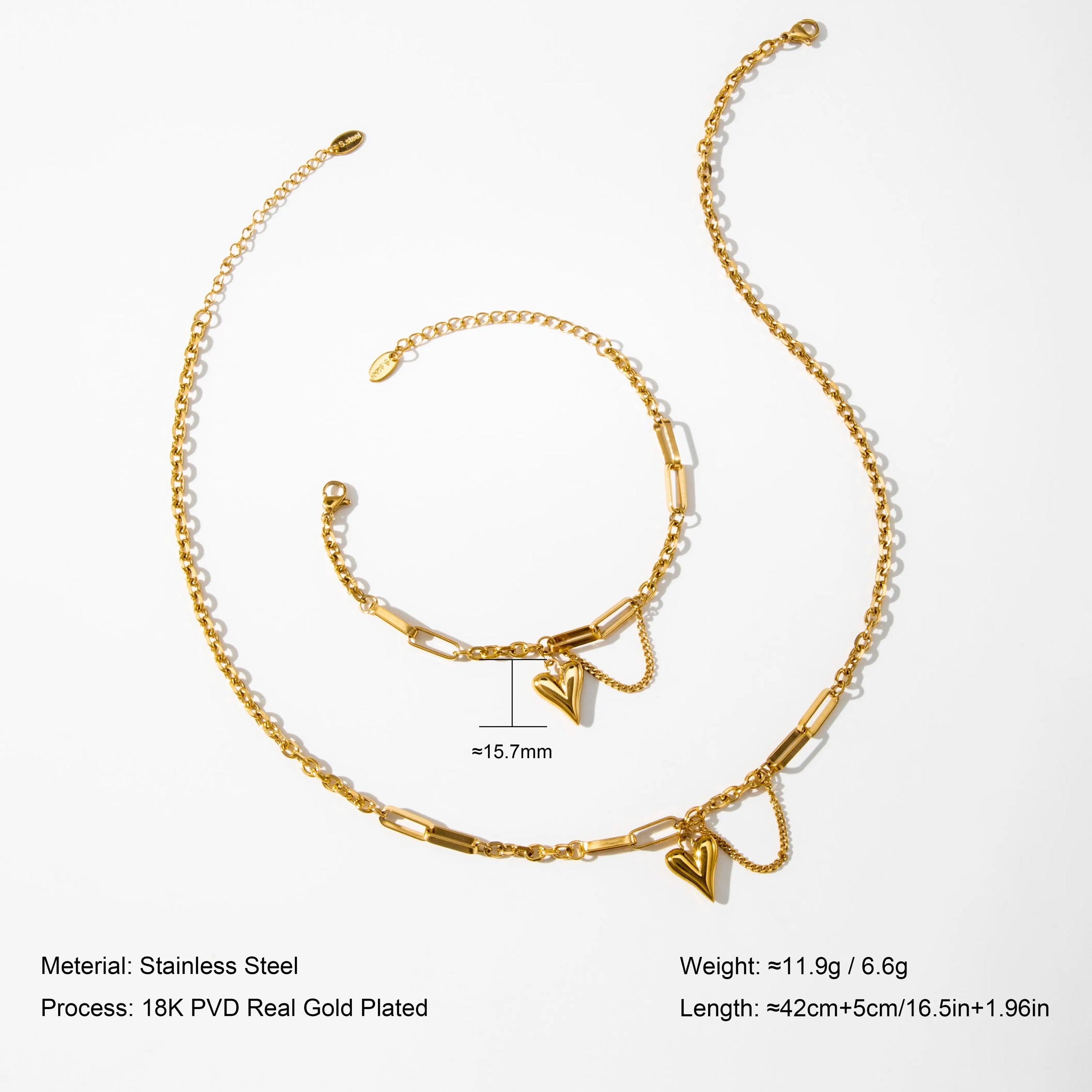 18K Gold PVD Stainless Steel Heart Charm Necklace & Bracelet Set