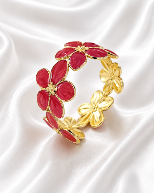 18K Gold Plated Waterproof Stainless Steel Floral Cuff Bracelet