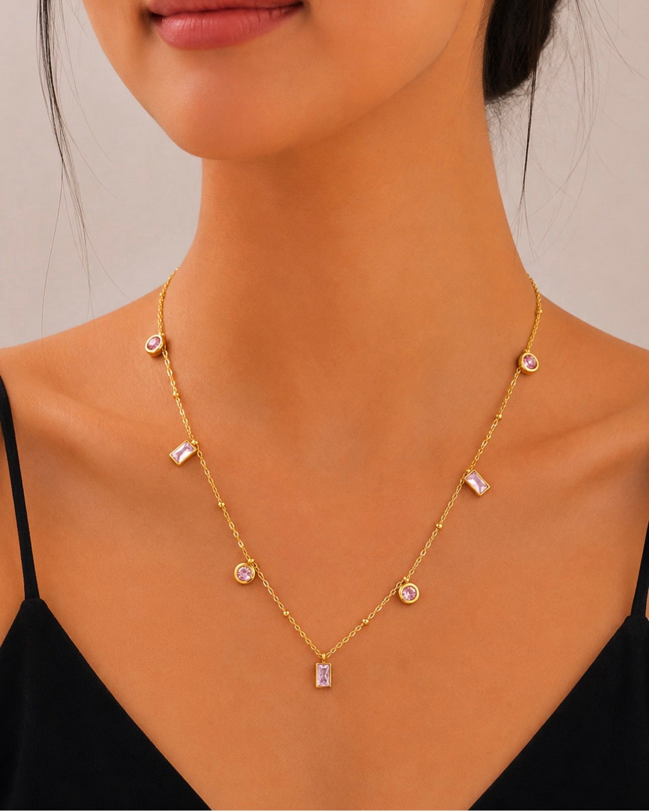 18K Gold Plated Stainless Steel Pink Diamond Necklace