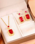 Stainless Steel Dainty Red Gem Necklace with Earrings