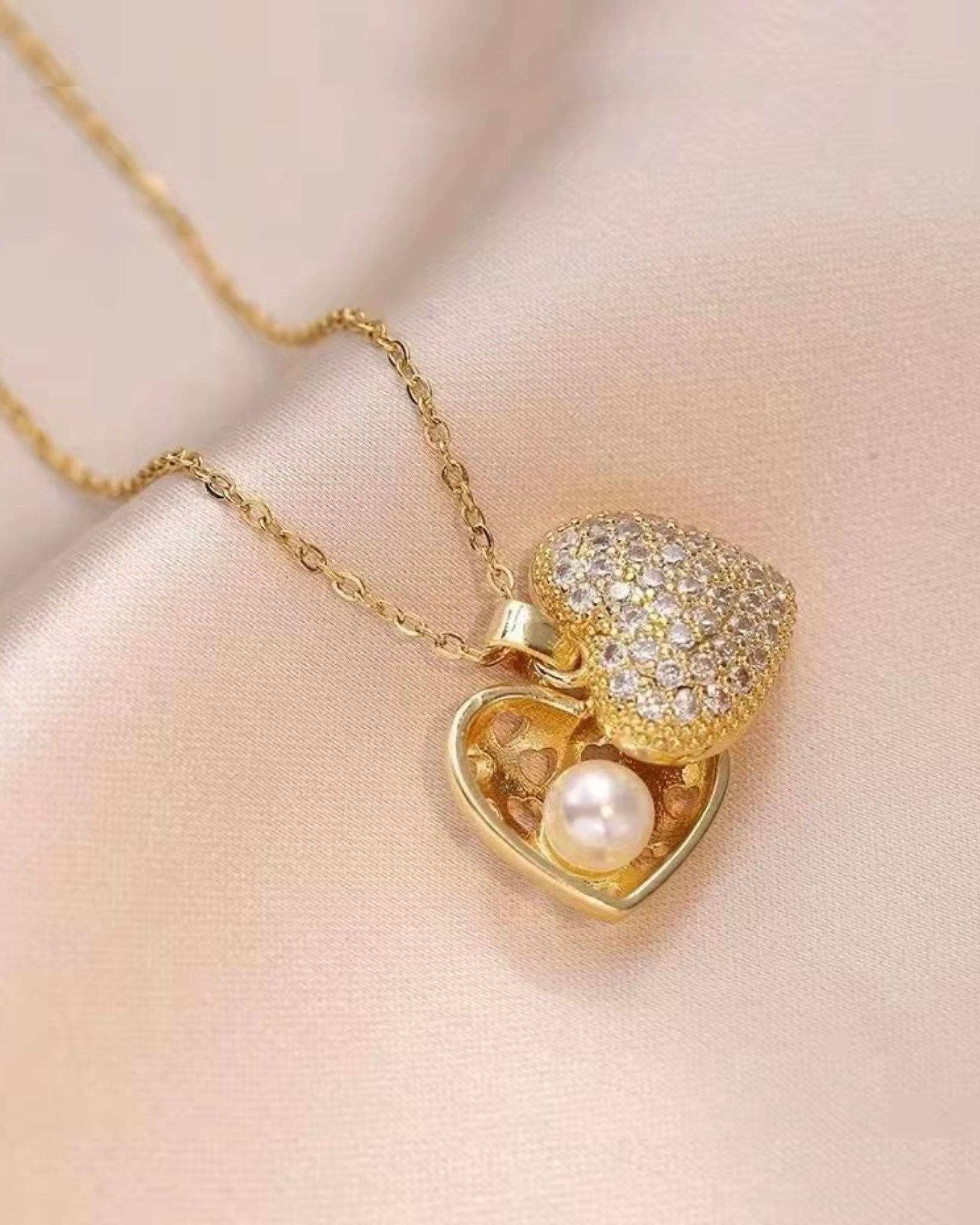 Gold Plated CZ Heart Locket with Pearl Necklace