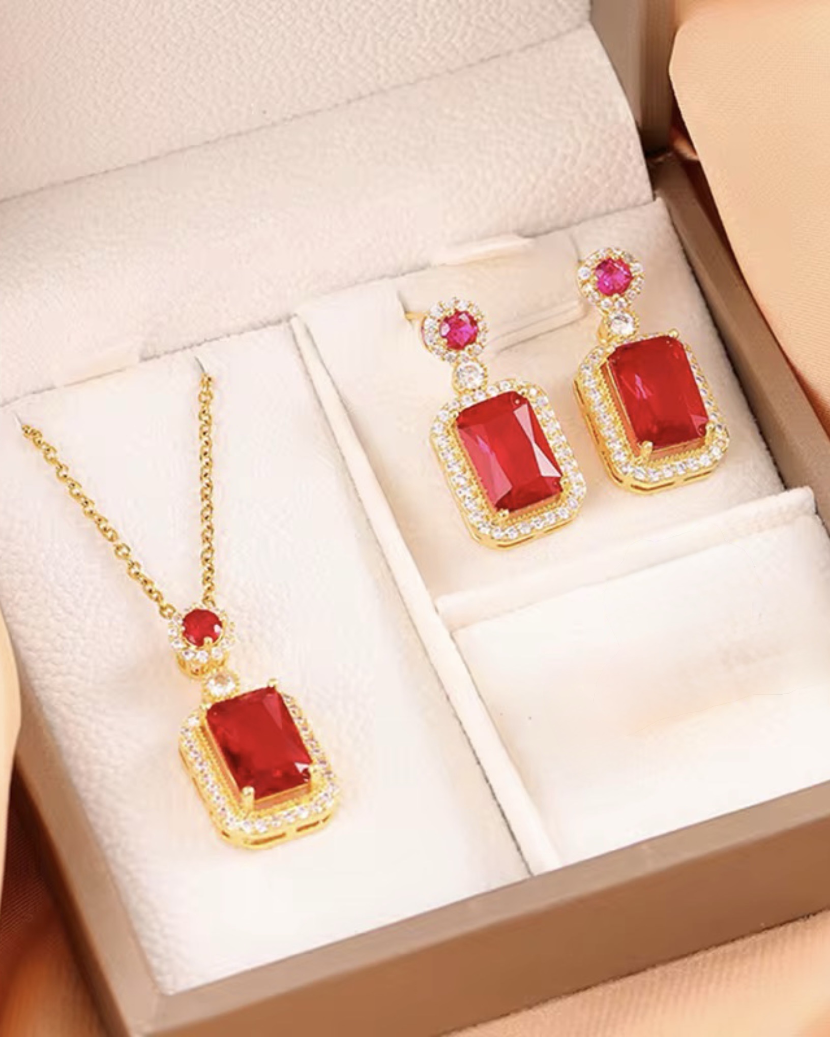 photo-output-2-2 Stainless Steel Dainty Red Gem Necklace with Earrings - Image 1